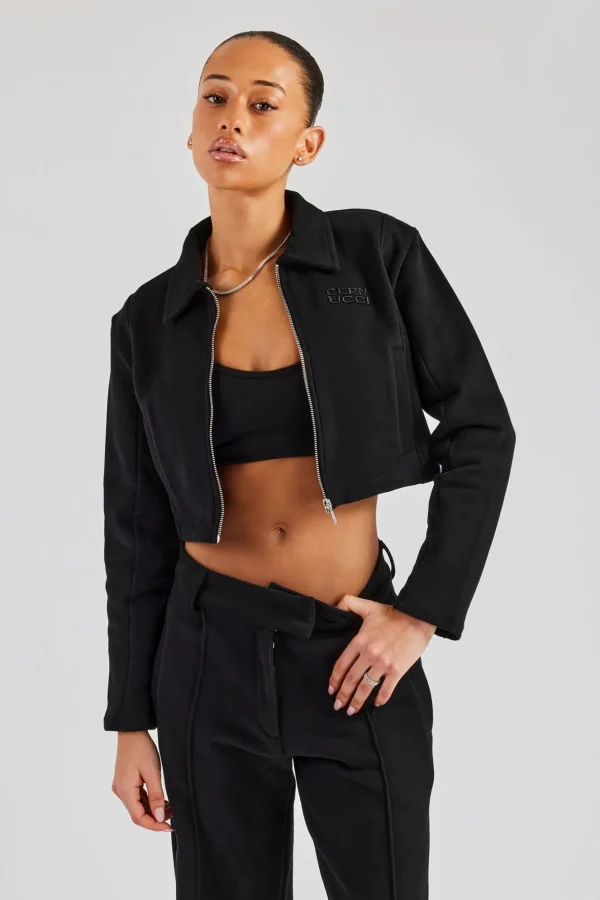 Tailored Jersey Cropped Harrington Jacket - Black