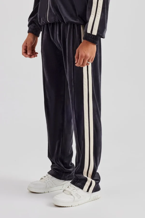 Taping Straight Leg Velour Track Pant - Charcoal