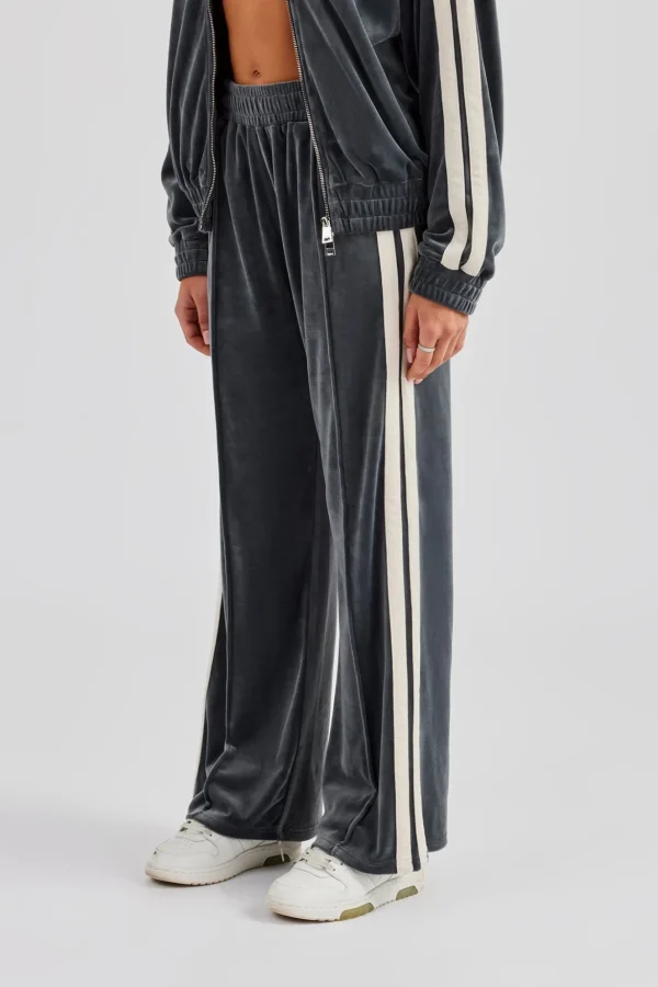 Taping Wide Leg Velour Track Pant - Grey