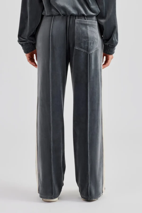 Taping Wide Leg Velour Track Pant - Grey