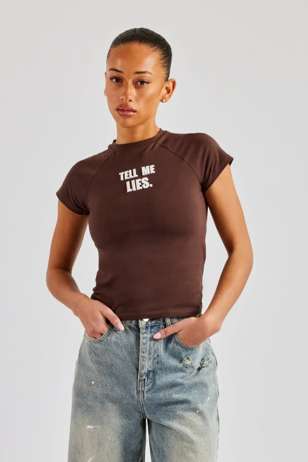 Tell Me Lies Capped Sleeve Tee - Chocolate