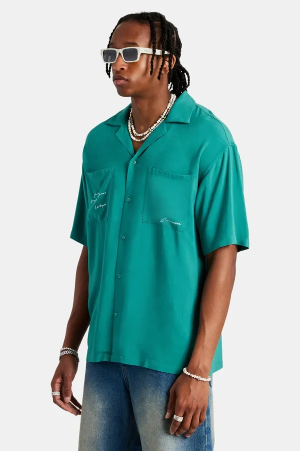 Text Print Bowling Shirt - Green