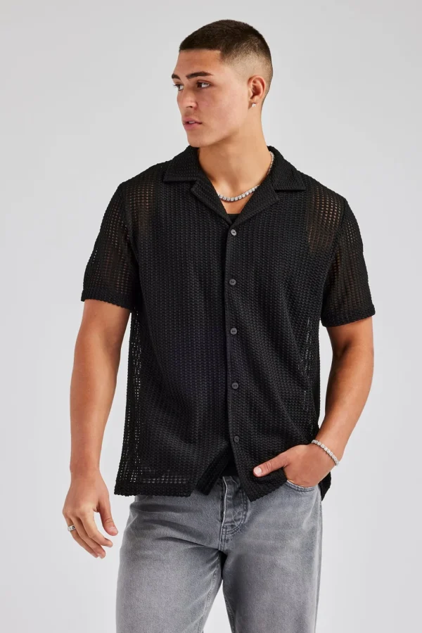 Textured Button Front Revere Shirt - Black