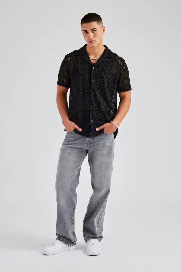 Textured Button Front Revere Shirt - Black