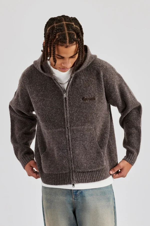 Tonal Zip Through Knit Hoodie - Mocha