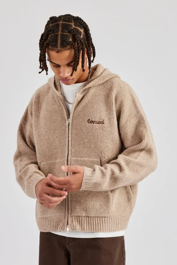 Tonal Zip Through Knit Hoodie - Stone