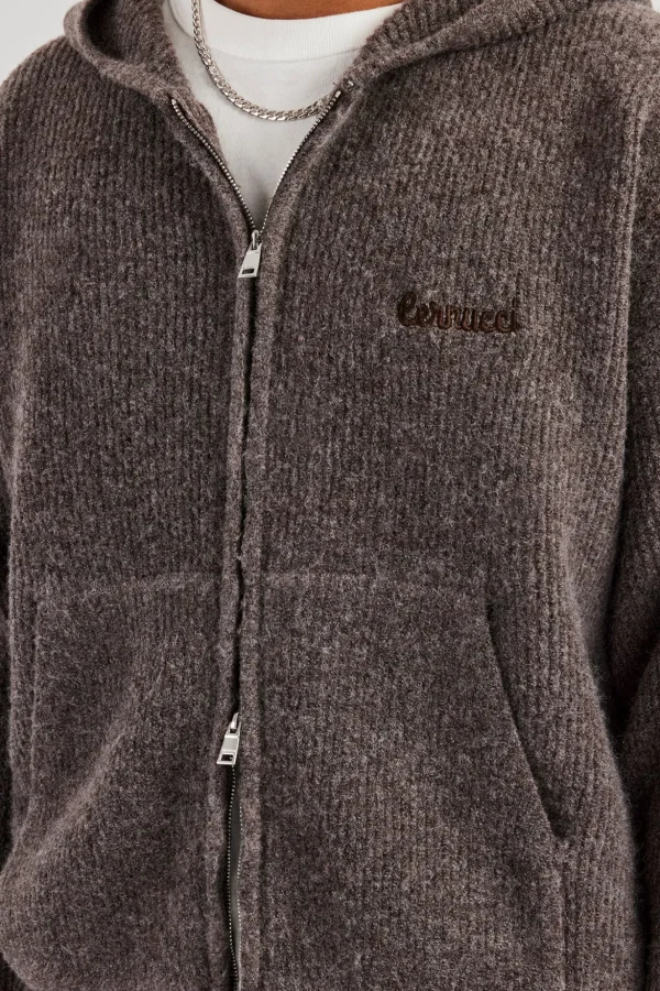 Tonal Zip Through Knit Hoodie - Mocha