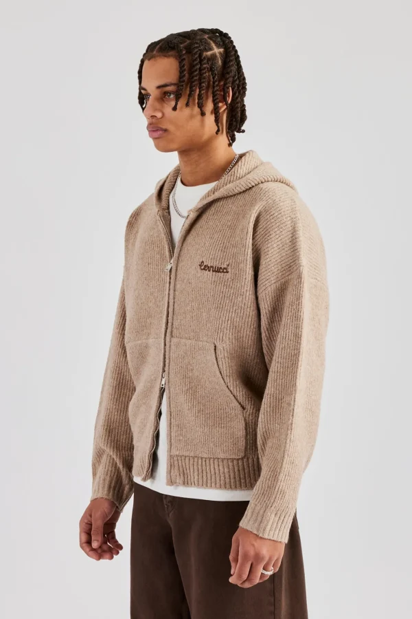 Tonal Zip Through Knit Hoodie - Stone