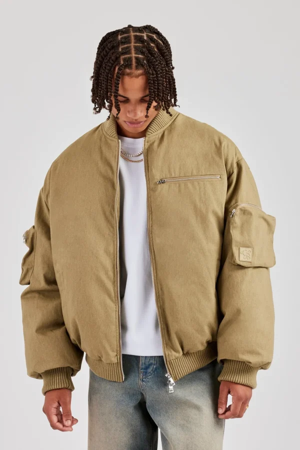 Twill Utility Cargo Bomber Jacket - Taupe