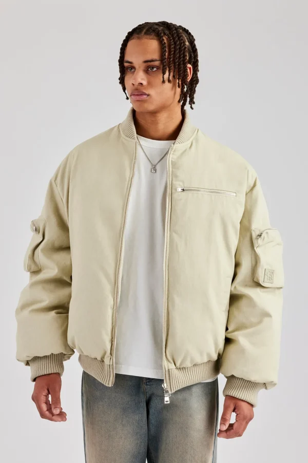 Twill Utility Heavy Bomber Jacket - Off White