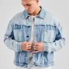 Two Tone Distressed Denim Jacket- Light Blue