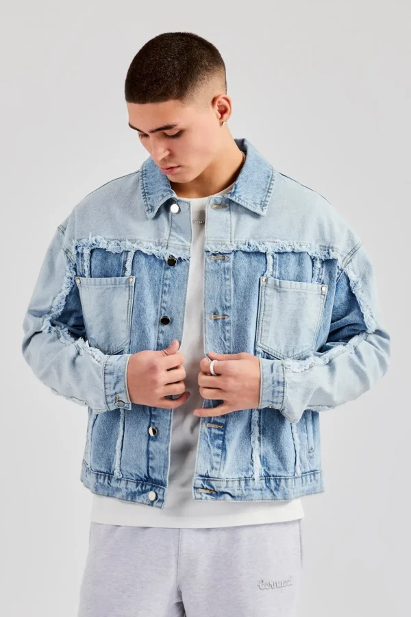 Two Tone Distressed Denim Jacket- Light Blue