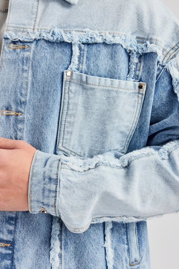 Two Tone Distressed Denim Jacket- Light Blue