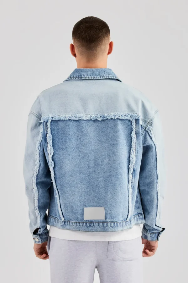 Two Tone Distressed Denim Jacket- Light Blue