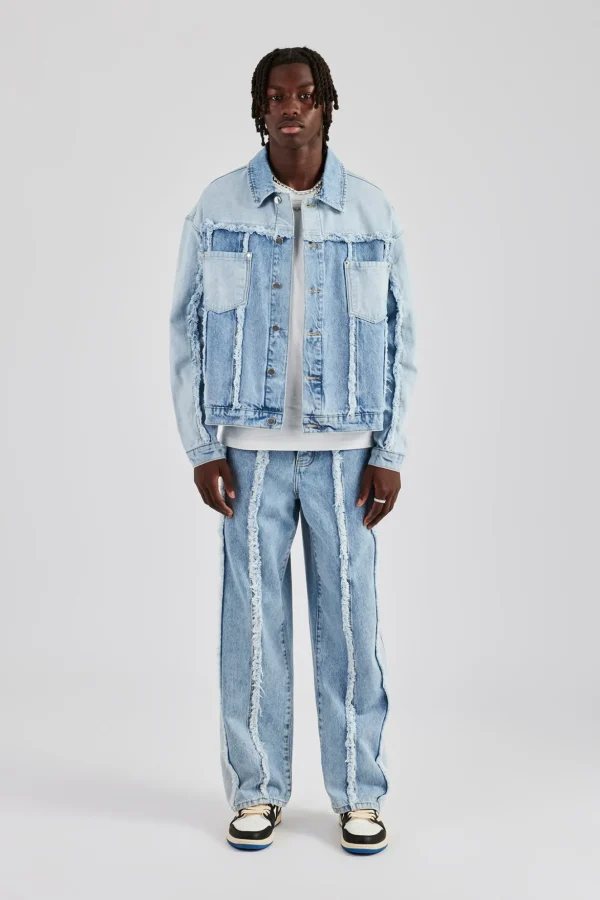 Two Tone Distressed Denim Jacket & Jean - Light Blue