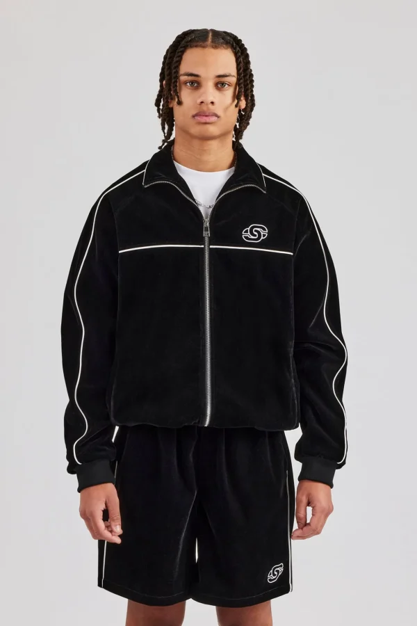 Velour Funnel Neck Piping Track Jacket - Black