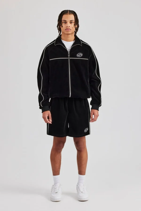 Velour Funnel Neck Piping Track Jacket & Short - Black