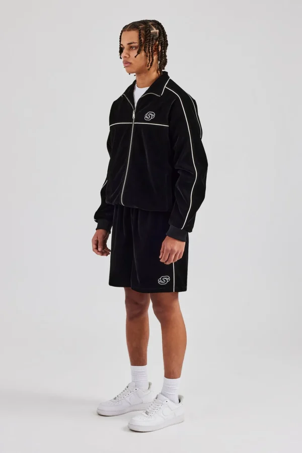 Velour Funnel Neck Piping Track Jacket & Short - Black