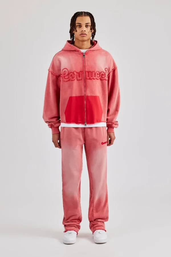 Washed Applique Zip Through Hooded Tracksuit - Washed Red