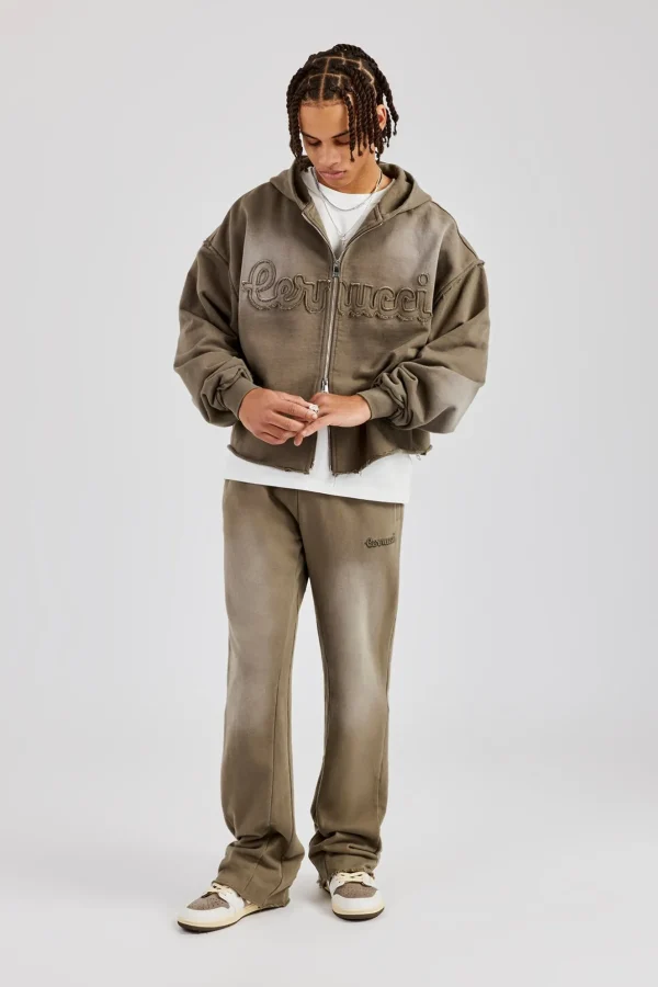 Washed Applique Zip Through Tracksuit - Khaki