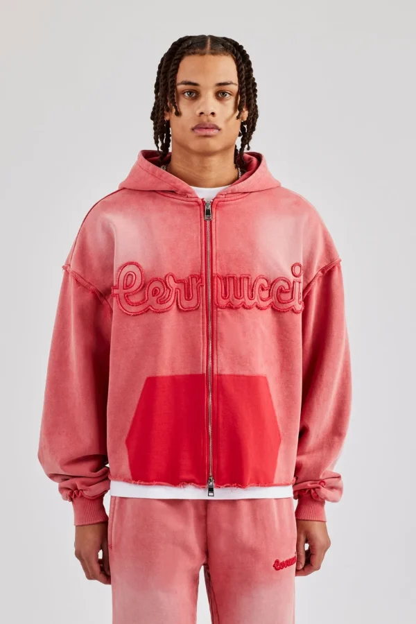 Washed Applique Zip Through Hoodie - Washed Red