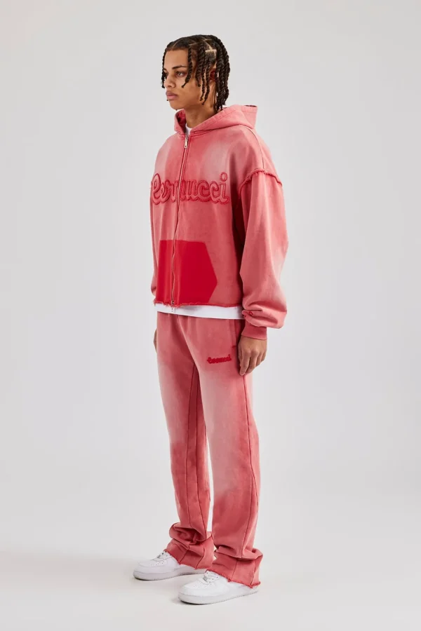 Washed Applique Zip Through Hooded Tracksuit - Washed Red