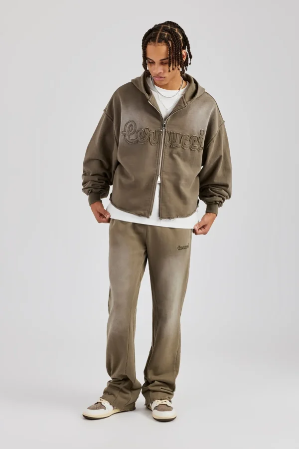 Washed Applique Zip Through Hoodie - Khaki