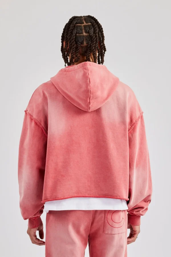 Washed Applique Zip Through Hoodie - Washed Red