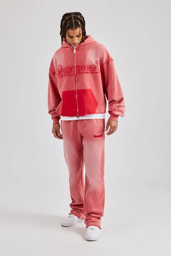 Washed Applique Zip Through Hooded Tracksuit - Washed Red