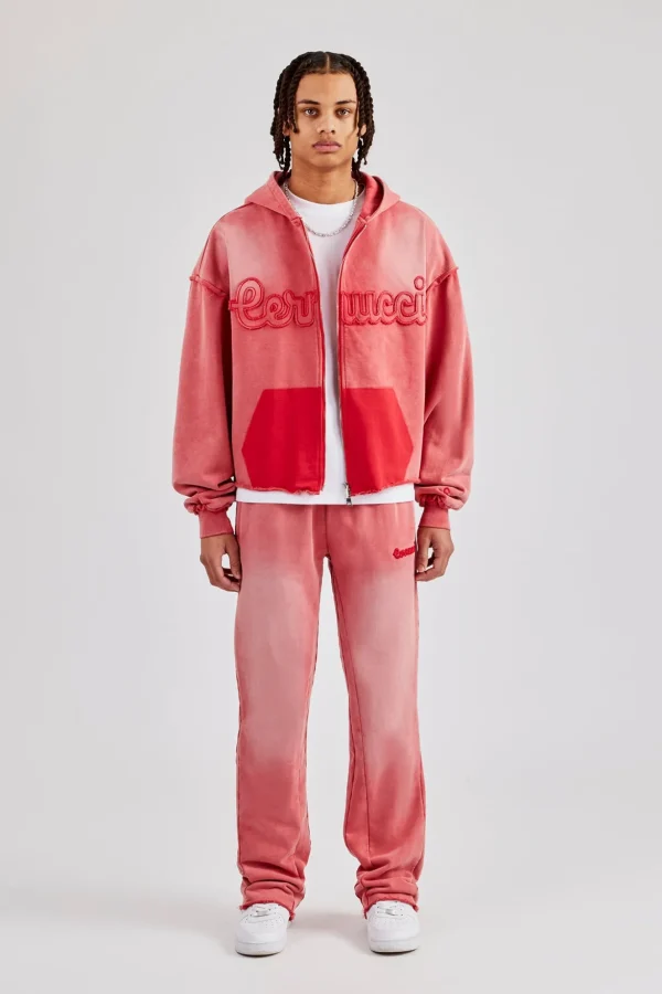 Washed Applique Zip Through Hoodie - Washed Red