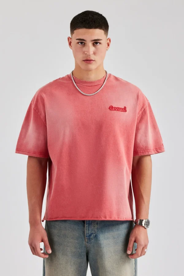 Washed Boxy Distressed T-Shirt - Red