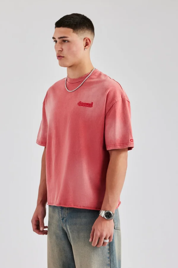 Washed Boxy Distressed T-Shirt - Red