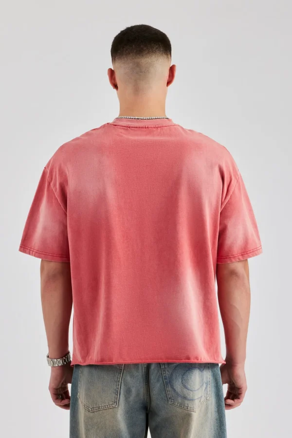 Washed Boxy Distressed T-Shirt - Red