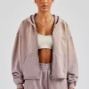 Washed Boxy Fit Zip Through Hoodie - Mauve