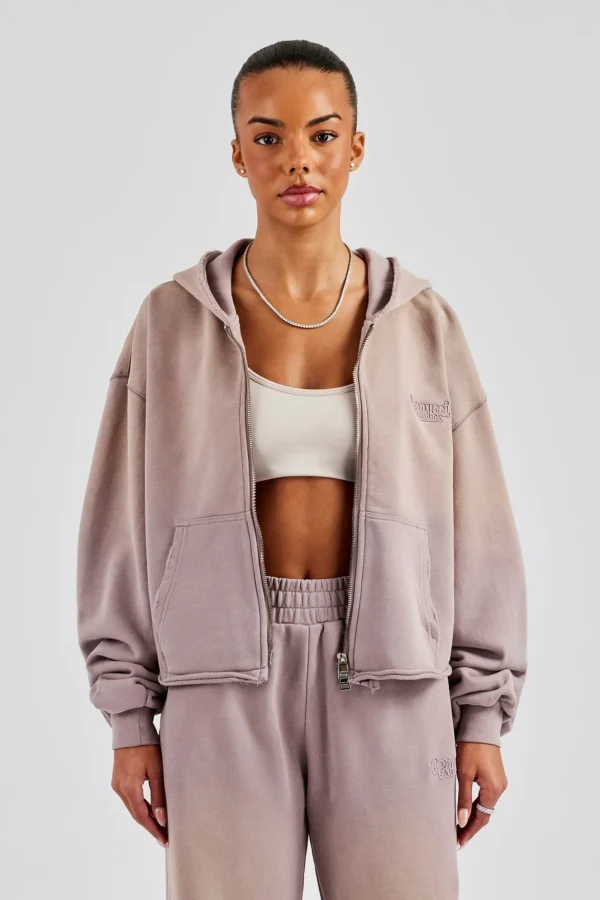 Washed Boxy Fit Zip Through Hoodie - Mauve