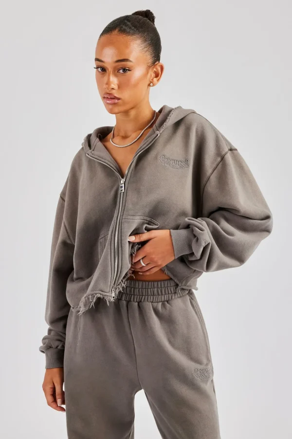 Washed Boxy Fit Zip Through Hoodie - Grey