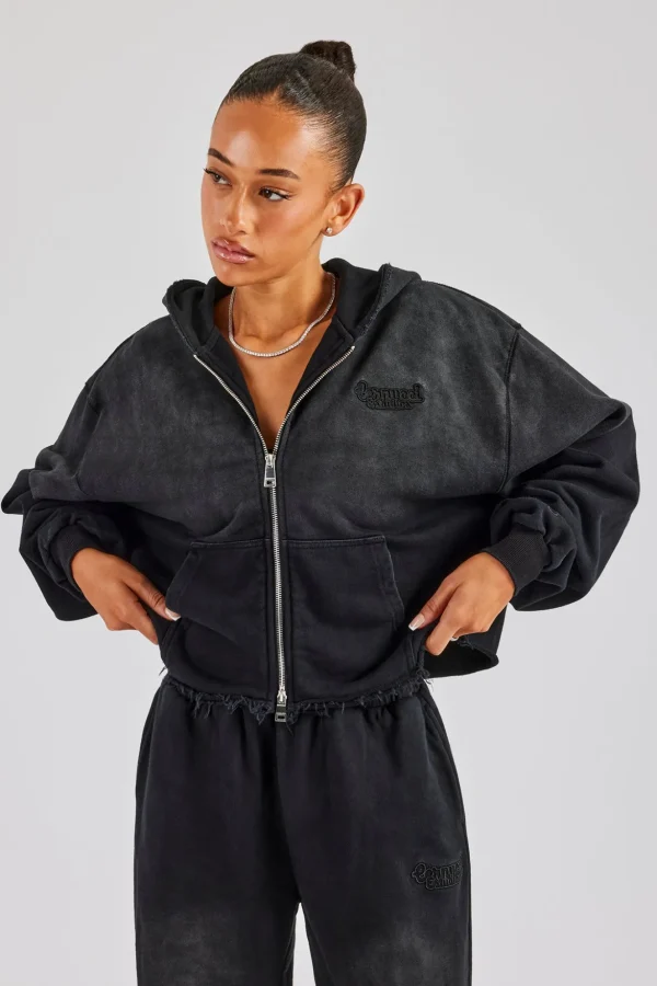 Washed Boxy Fit Zip Through Hoodie - Black