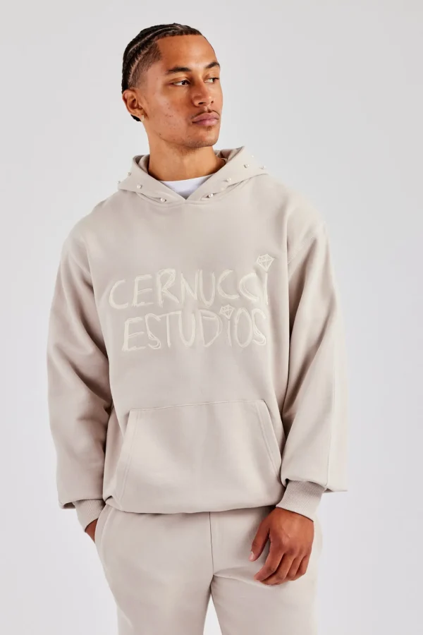 Washed Contrast Stitch Pearl Hoodie - Stone