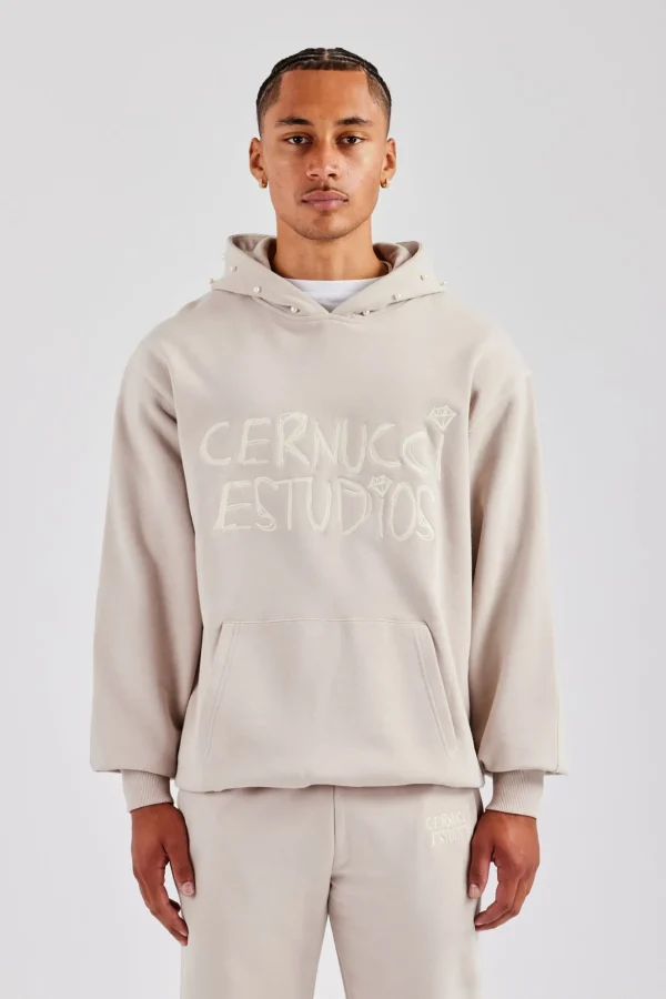 Washed Contrast Stitch Pearl Hoodie - Stone