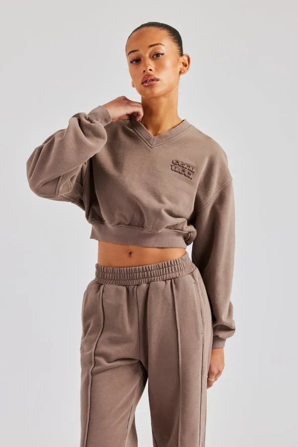 Washed Cropped V Neck Sweat - Mauve