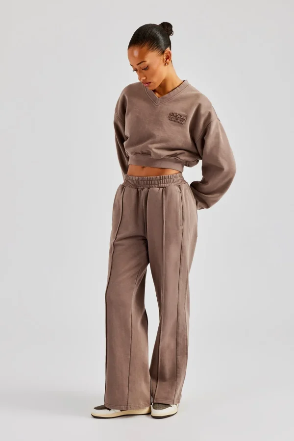 Washed Cropped V Neck Sweat & Wide Leg Jogger - Mauve