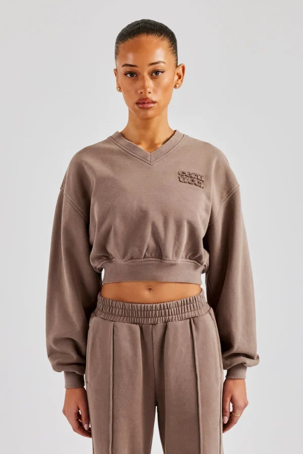 Washed Cropped V Neck Sweat - Mauve