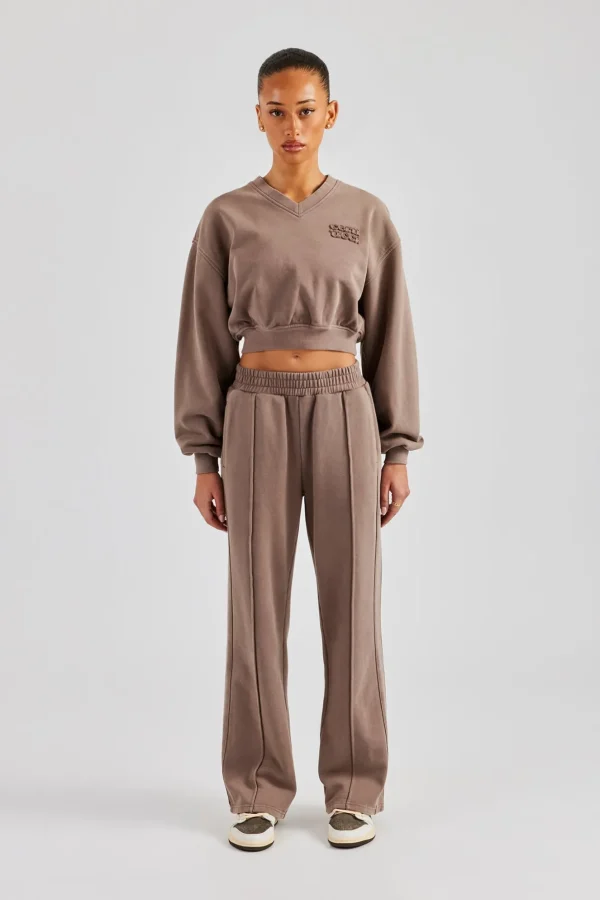 Washed Cropped V Neck Sweat & Wide Leg Jogger - Mauve