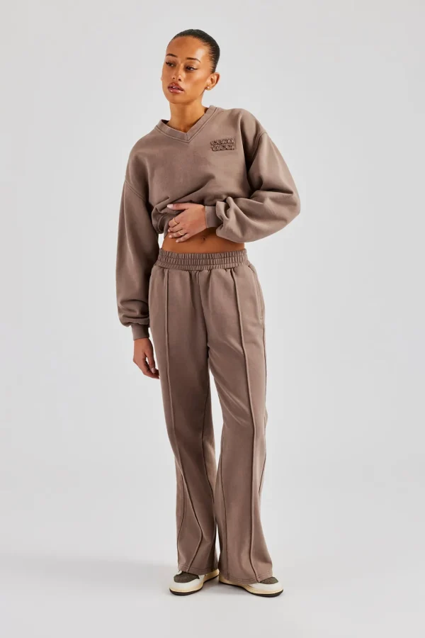 Washed Cropped V Neck Sweat & Wide Leg Jogger - Mauve