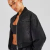 Washed Denim Bomber Jacket - Black