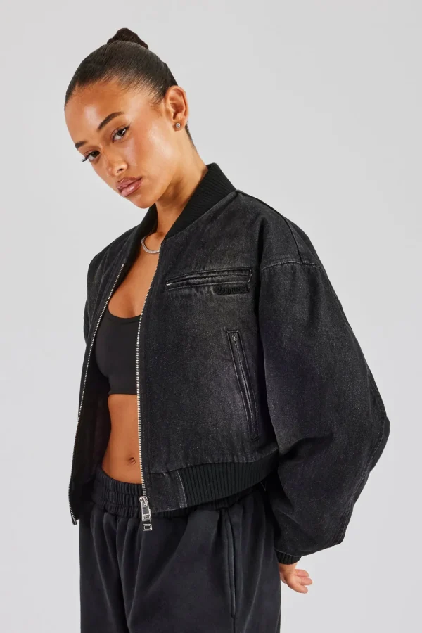 Washed Denim Bomber Jacket - Black