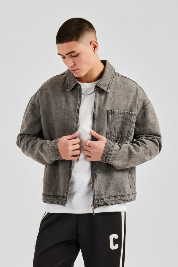 Washed Denim Harrington Jacket - Washed Grey