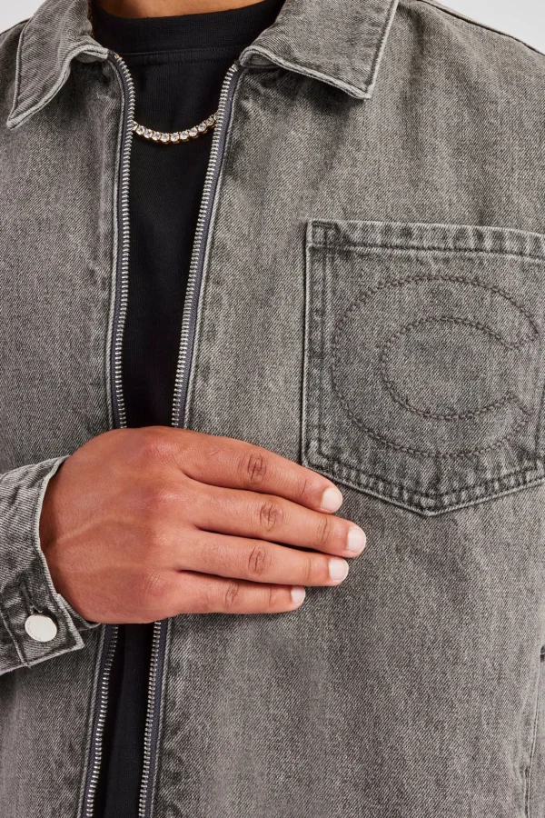 Washed Denim Harrington Jacket & Turn Up Baggy Jean - Washed Grey