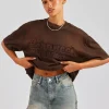 Washed Embroidered Body T-Shirt - Brown