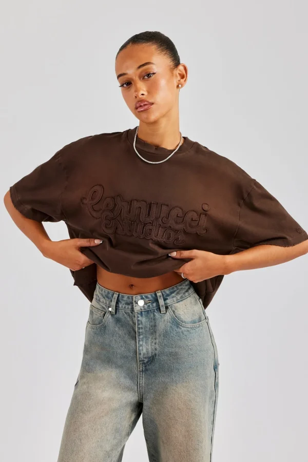 Washed Embroidered Body T-Shirt - Brown